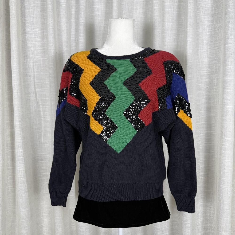 Vintage All Points By Reference Point Sweater Womens Large Multicolor Sequin 80s - Picture 1 of 8
